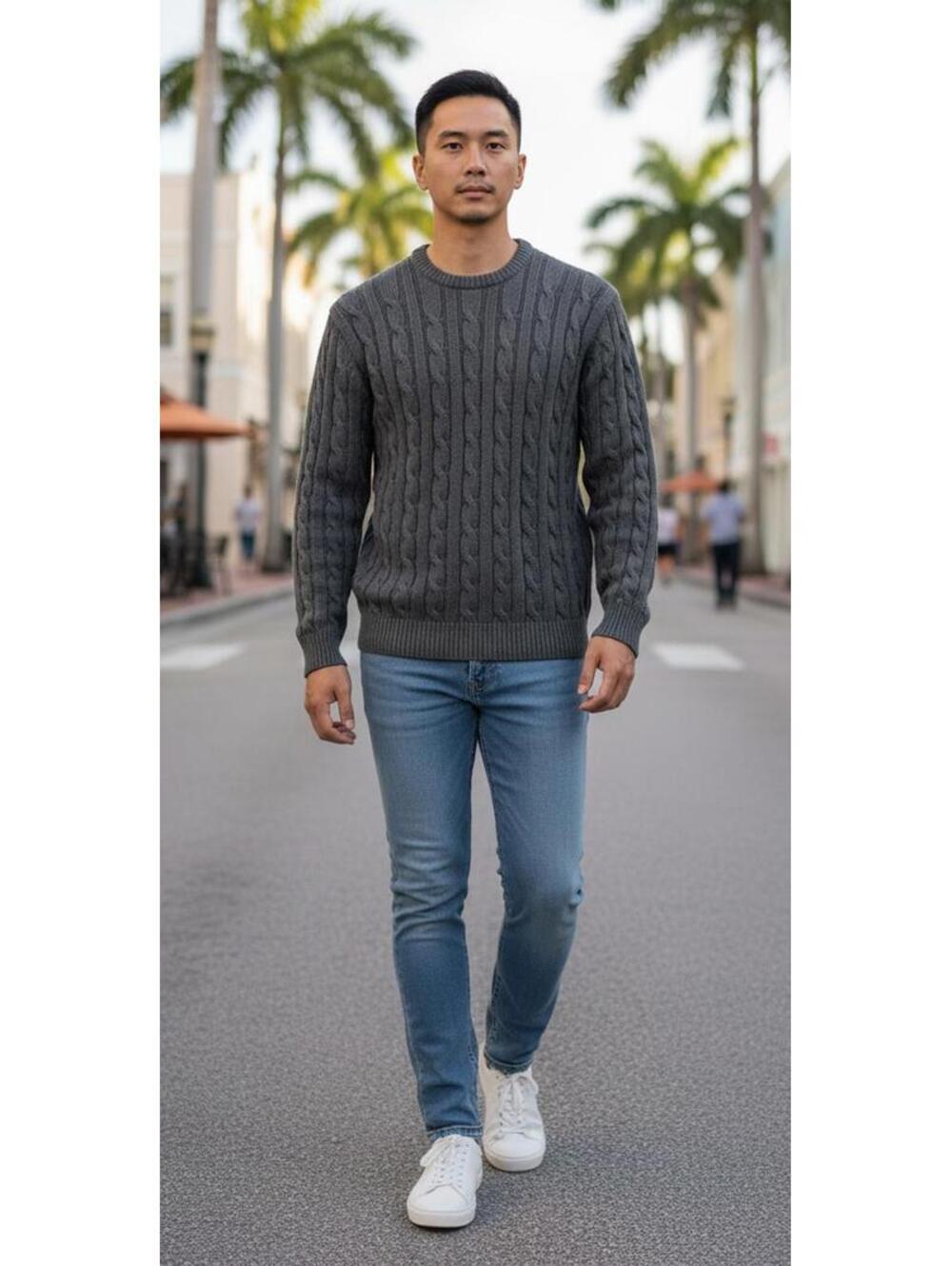 VTG 90s Blumarine Uomo Italy Gray Chunky Cable Knit Cotton Sweater L (modern M)